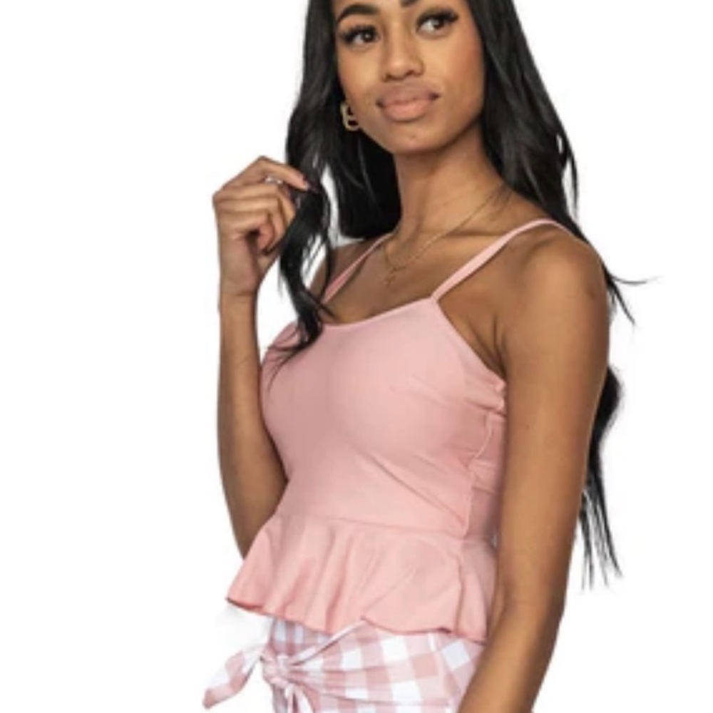 Janela Bay bow back tankini top and Black Window Pain bottoms